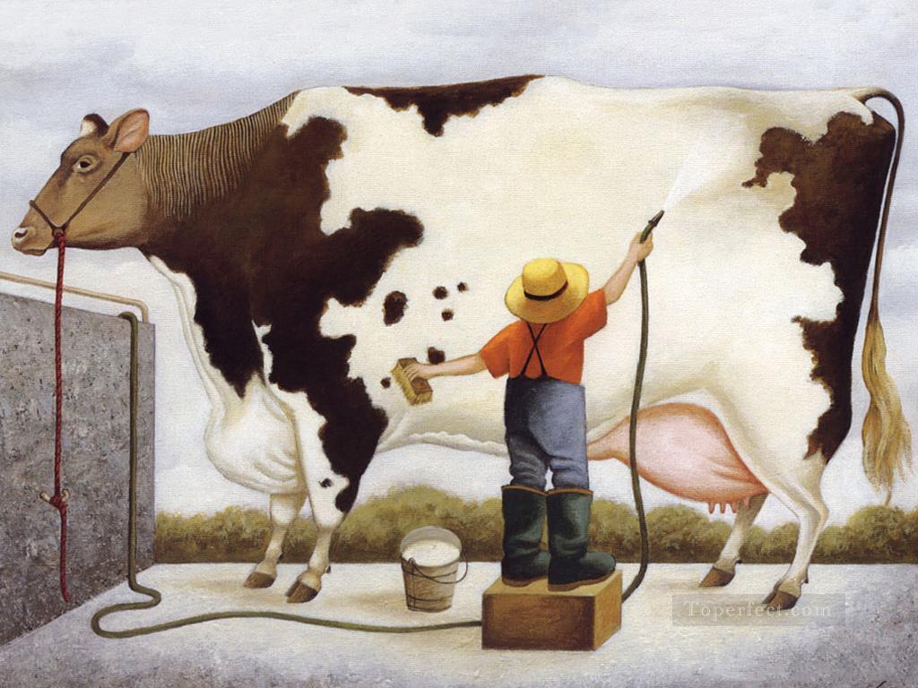 牛の水浴び油絵